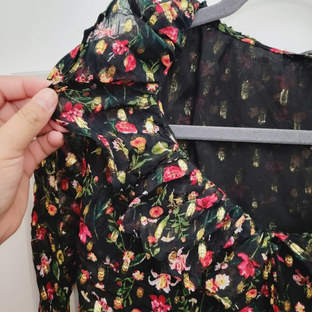 J CREW Ruffleneck top in midnight vintage floral Blouse Gold Metallic